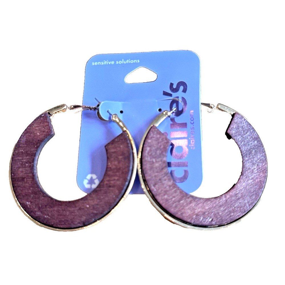 Wood and Gold‎ Tone 2" Hoop Earrings Claires Earthy Boho Lagenlook NEW